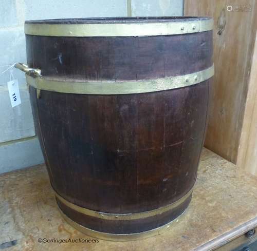 A circular staved oak two handled coopered barrel, 54cm diam...