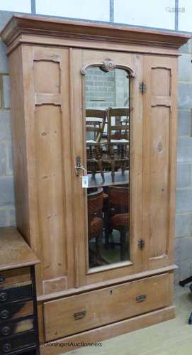 A Victorian pine mirrored door wardrobe, length 119cm, depth...