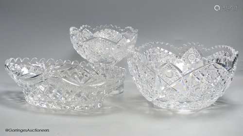 A Waterford style cut crystal bowl and stand and an oval cut...