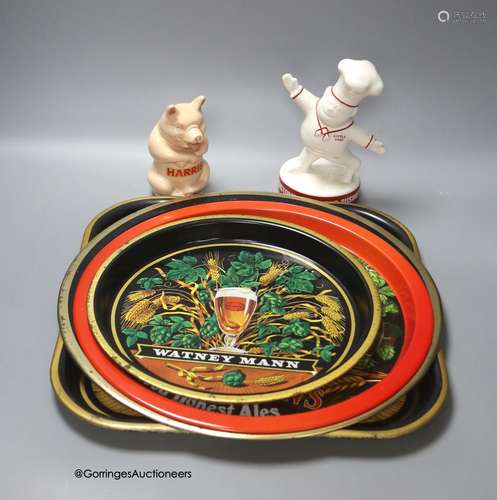 Three Watney's ale trays, a Batemans beer tray, a 'Harris' p...