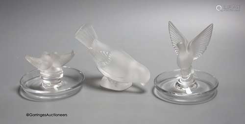 Two Lalique ashtrays mounted with birds, etched signatures t...