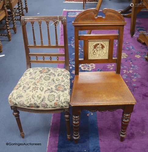 A late Victorian walnut hall chair with inset Minton tile an...