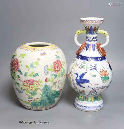 A Chinese famille rose jar and a polychrome vase, tallest 31...