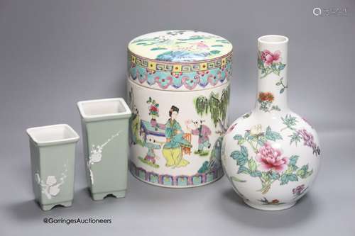 A Chinese famille rose bottle vase and a similar jar and cov...