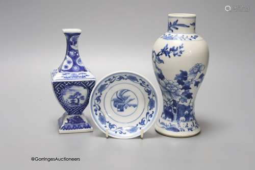 A Chinese baluster vase, a small dish and one other vase, 19...