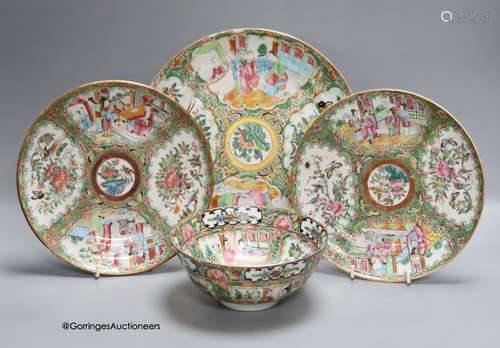 Three 19th century Chinese famille rose dishes and a bowl, 2...