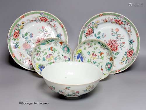 A 19th century Chinese famille rose bowl, two saucers and tw...