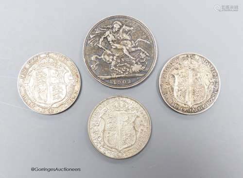 Edward VII and George V silver coins - crown 1902, F, three ...