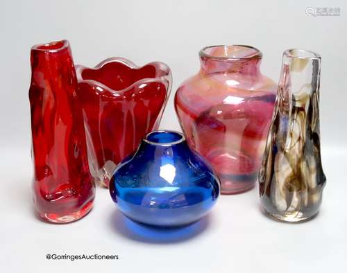 Five Whitefriars glass vases, various, including two 'Knobbl...