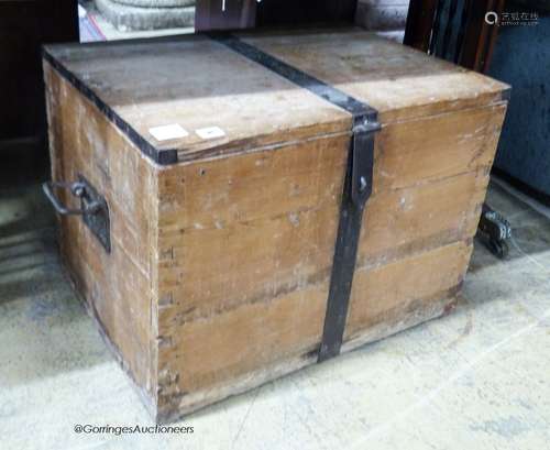 A Victorian iron bound pine trunk, length 63cm, depth 47cm, ...