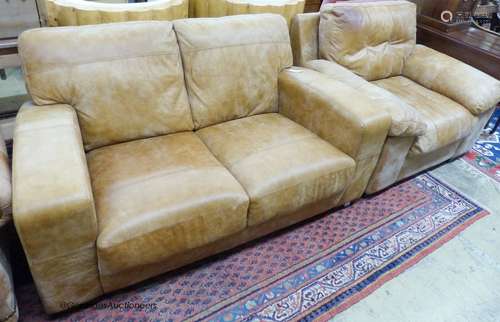 A contemporary tanned leather two seater sofa, length 156cm,...