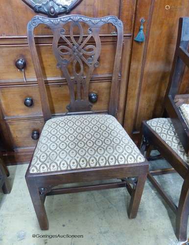 A part set of five George III mahogany dining chairs with va...