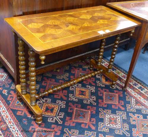 A Victorian walnut parquetry topped centre table, width 89cm...