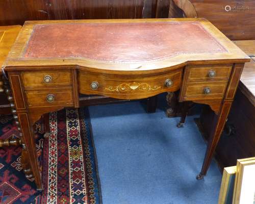 A Edwardian inlaid rosewood bow front writing table, width 8...