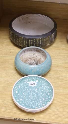 Two studio turquoise glazed pottery bowls and a larger stone...