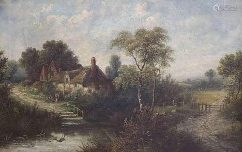 W.Stone (19thC), oil on canvas, Figures and cottages in a la...