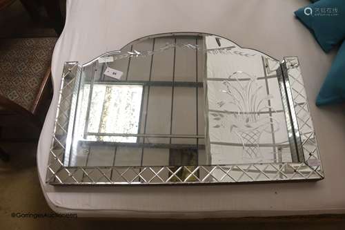 A Deco style engraved glass wall mirror, width 91cm, height ...