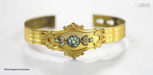 A Victorian pinchbeck, turquoise and seed pearl set hinged b...