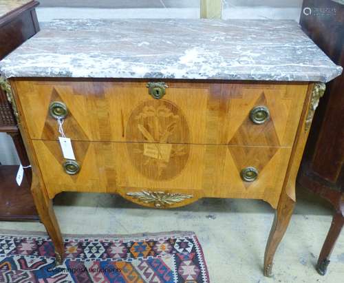 A French Louis XVI style marquetry inlaid marble topped comm...