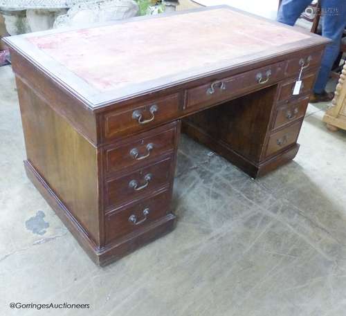 A late Victorian mahogany pedestal desk, width 138cm depth 7...