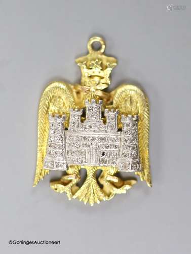 A 14ct, plat and diamond chip set 'eagle and castle' pendant...