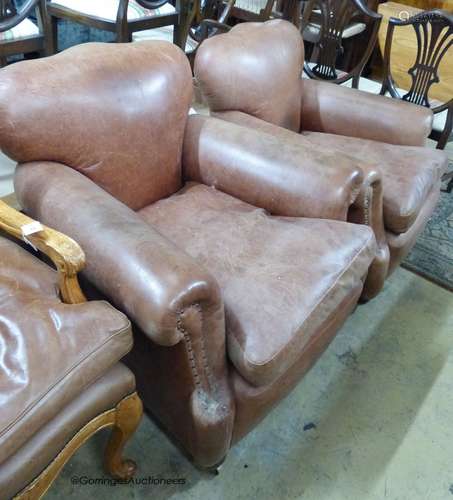 A pair of 1940's French tan leather club armchairs, width 90...