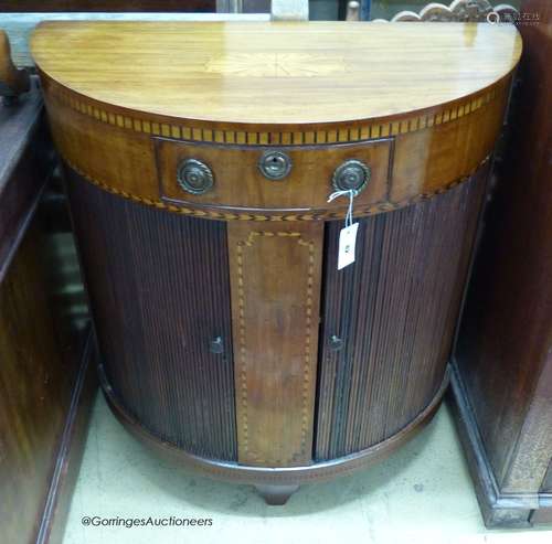 A Dutch inlaid mahogany D shaped tambour side cabinet, width...