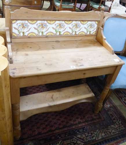 A Victorian small pine tile back wash stand, width 85cm, dep...