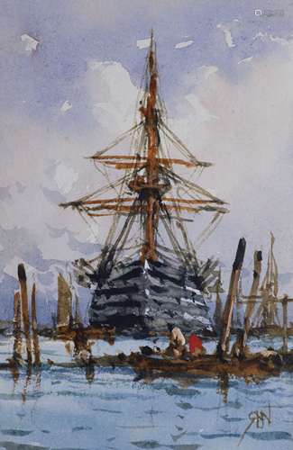 Richard Henry Nibbs (1816-1893), watercolour, Warship in har...