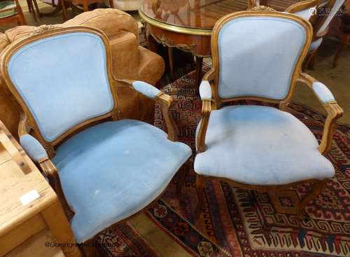 A set of six French beech upholstered dining chairs, two wit...