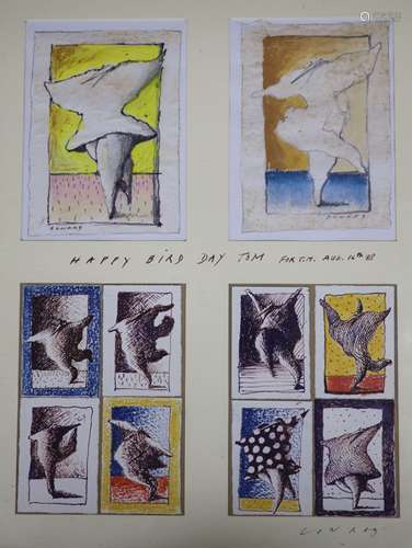 Patrick Conrad (1945-), four watercolours, 'Happy Bird Day',...