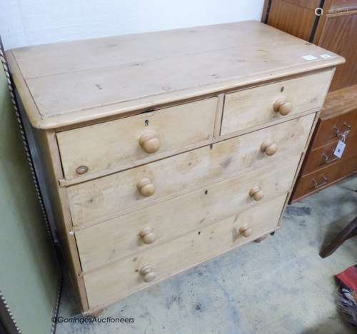 A Victorian pine chest of two short and three long drawers, ...