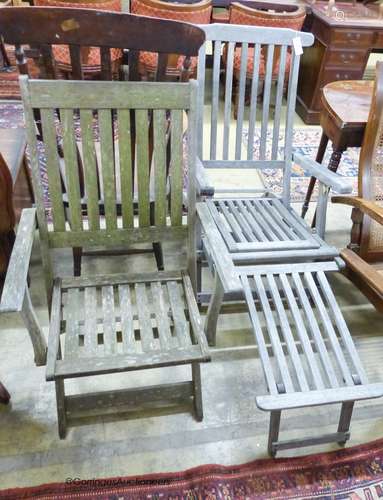 A weathered teak folding steamer chair and a folding garden ...