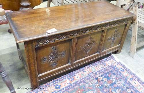 An 18th century style oak coffer, length 116cm, depth 48cm, ...