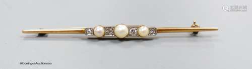 A stylish 14k gold diamond and pearl bar brooch, gross 4.5g,...