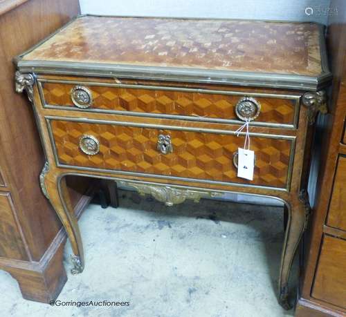 A French transitional style parquetry inlaid two drawer ches...