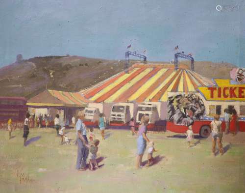 John Ingham, oil on canvas, Figures beside a circus tent, si...