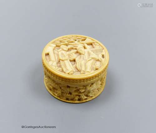 A Chinese circular carved ivory box, 19th century, diameter ...