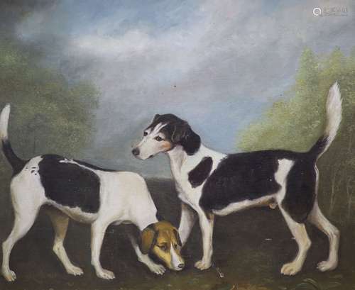 English School, oil on board, Study of two hounds in a lands...