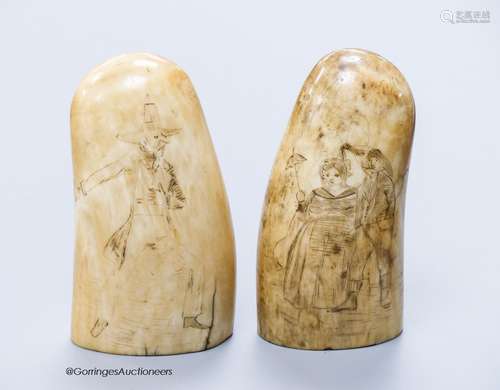 Two 19th century scrimshaw sperm whale teeth, engraved with ...