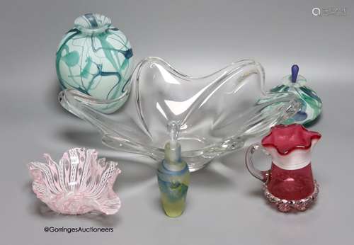 A Daum clear free form bowl, two signed art glass pieces and...