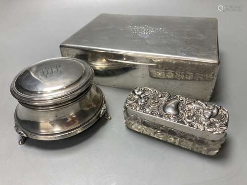 A silver cigar box, London 1928, 18cm, a silver ring box, Bi...