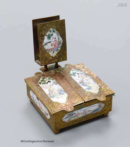 An early 20th century Chinese brass and enamel cigarette box...