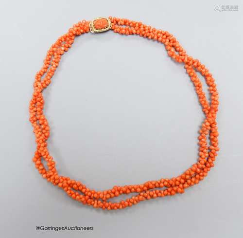 A 19th century coral bead long necklace, with Georgian yello...