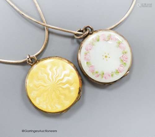 Two silver and enamel lockets on later '925' white metal cha...