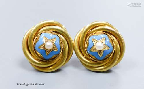 A pair of Victorian earrings, test as 15ct, set with pearls ...