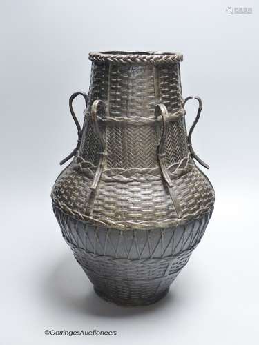 A large Japanese bronze basket effect ikebana vase, Meiji pe...