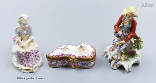 Two Chelsea style porcelain figures, tallest 13cm, and a Mei...