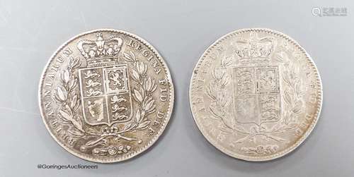 Two Victoria crowns, 1844 star stops, near F and 1845 cinque...