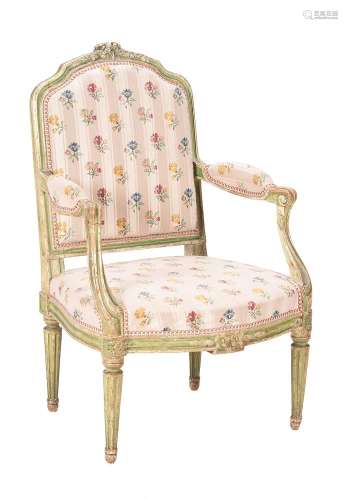 AN EARLY LOUIS XVI GREY AND GREEN PAINTED FAUTEUIL, CIRCA 17...